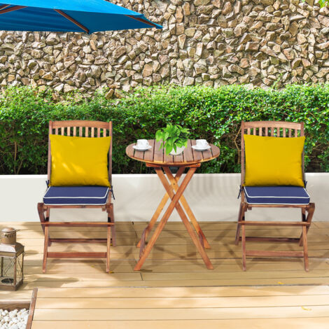 Ensemble Table Chaises Pliable 2 Chaises 1 Table Ronde Bois Acacia Intérieur Extérieur Naturel Bleu CW41120 (1/3)