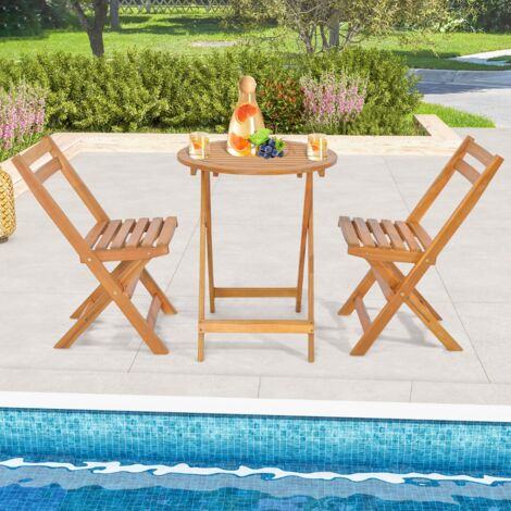 Salon de Jardin 3PCS Pliable Bois d'Acacia Table et 2 Chaises Conception à Lattes CW84232 (1/3)