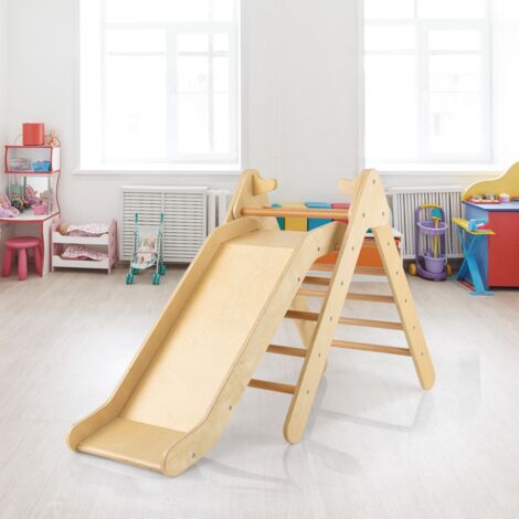 Toboggan Enfant 2 en 1 Triangle Escalade Bois Massif Pente Réglable 1 An Charge 60 KG Naturel CW63377 (1/3)