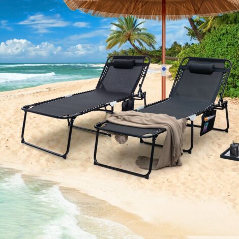 Chaise Longue Pliable Surdimensionnée Portable Inclinable Dossier Réglable Oreiller Amovible Poche Noir CW86745 (1/3)