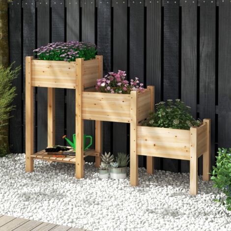 Jardinière surélevée en bois de sapin avec 3 bacs à fleurs peinture DIY naturel CW91890 (1/3)