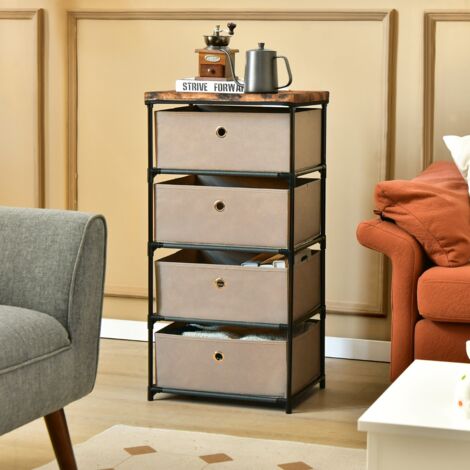 Commode  Armoire de Rangement 4 Tiroirs Tissu Cadre Métal Plateau Rangement Chambre 42x33,5x84,5cm Marron CW16098 (1/3)