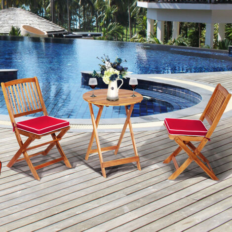 Ensemble Table Chaises Pliable 2 Chaises 1 Table Ronde Bois Acacia Intérieur Extérieur Naturel Rouge CW64024 (1/3)