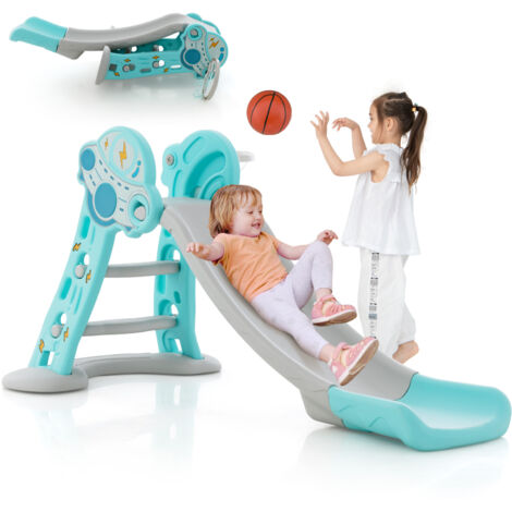 Structure De Jeu Toboggan Pour Enfant - Avec Panier De Basket, Tunnel, échelle, Coffre Rangement - Pour Intérieur/extérieur - Modèle Tower-I-Blue - 3
