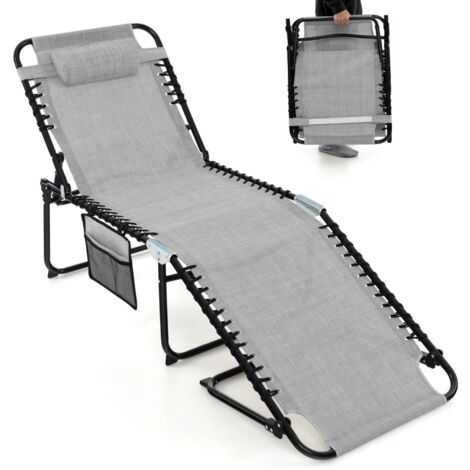 Chaise Longue Pliante Appuie-tête Amovible Dossier Réglable 4 Positions Acier Antirouille Camping Terrasse Gris CW72740 (1/3)