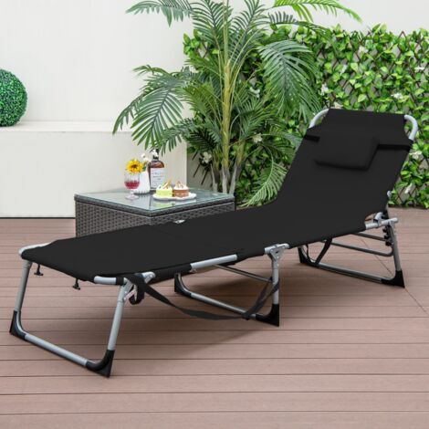 Chaise Longue Pliante 5 Positions Repose-pieds Réglables Oreiller Amovible Poche Noir CW15132 (1/3)