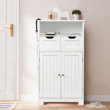 Meuble Salle de Bain Rangement Toilette 60x30x109cm 2 Tiroirs 2 Portes Blanc CW46042 (1/3)