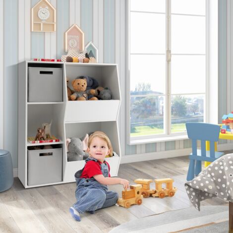 Bibliothèque Enfant En Bois Et Tissu - 6 Compartiments De Rangement Pour Livres Et Jouets - Dimensions 75x30x76 Cm - 3