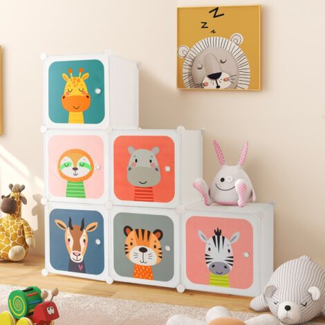 Meuble De Rangement Enfant 8 Cubes Thème Spatial - Armoire Avec Portes Et Barre De Suspension - Blanc - 71x35.5x142 Cm