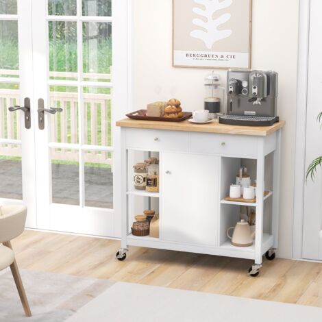 Chariot De Cuisine En Bois Blanc - Îlot Mobile Avec Tiroir, Armoire Et Porte-Serviettes - Style Ferme Vintage