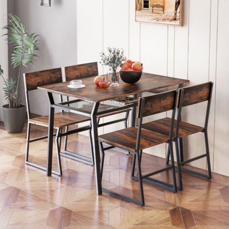 Ensemble Table à Manger 5 Pièces Rectangulaire Industrielle 4 Chaises Étagère Rangement Métal Marron Rustique CW42633 (1/3)