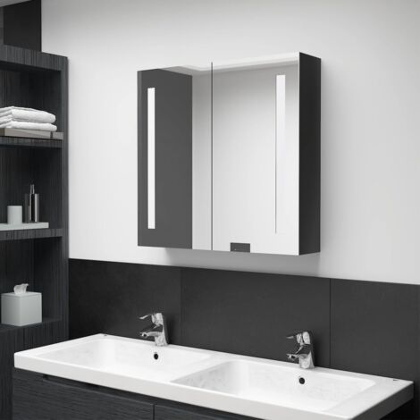 Armoire murale de salle de bain à miroir à LED - Meuble de rangement Noir brillant 62x14x60 cm BV810339 - BonneVie (1/5)