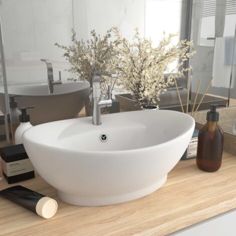 Lavabo ovale à poser de luxe Lavabo Vasque salle de bain à trop-plein Blanc mat 58,5x39cm Céramique (1/5)