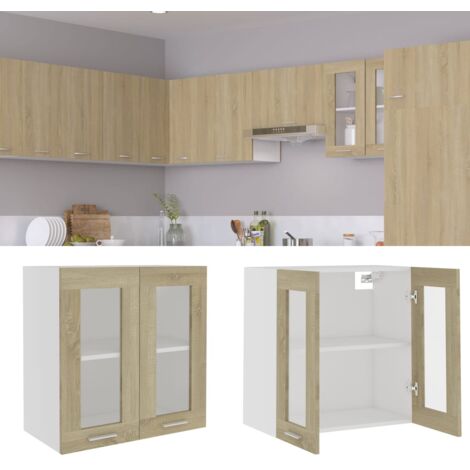 Maison Chic – Armoire suspendue en verre – Meuble haut cuisine chêne sonoma 60x31x60 cm – 2 portes et 2 étagères en aggloméré (1/5)