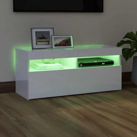 Meuble TV Blanc Brillant Avec Lumières LED RGB 90x35x40 Cm - Support Télévision Moderne Avec Grand Espace De Rangement
