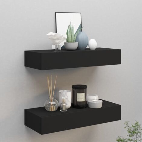 Maison Chic – Lot de 2 étagères murales à tiroirs en MDF noir 60x23,5x10 cm – Meuble de rangement compact pour objets décoratifs – Montage inclus