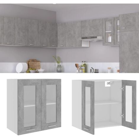 Armoire en verre suspendue  Armoire de cuisine Meuble haut Cuisine Gris béton 60x31x60 cm Aggloméré 60245
