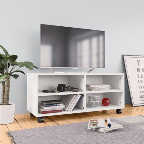 Meuble TV Banc TV Armoire de rangement avec roulettes Blanc 90x35x35 cm Bois d'ingénierie 87074 (1/5)