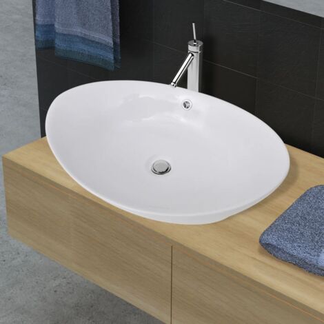 Maison Chic – Lavabo vasque à poser en céramique – Ovale 59 x 38,5 cm – Trop-plein intégré – Finition brillante pour salle de bain moderne