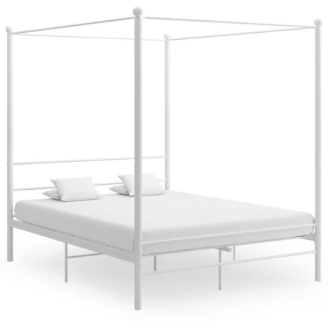 Lit adulte à baldaquin Lit Grand Cadre de lit Blanc Métal 160x200 cm 61629 (1/5)