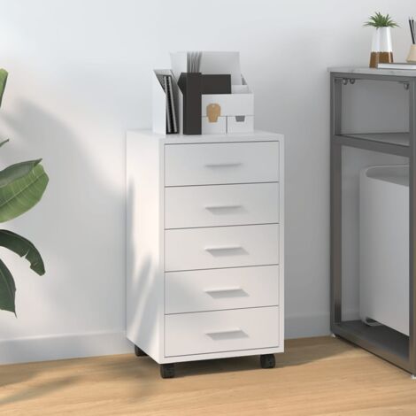 Maison Chic – Commode enfant avec 5 tiroirs – Bois d'ingénierie blanc brillant – Dimensions 33 x 38 x 63 cm – Avec roulettes et freins (1/5)