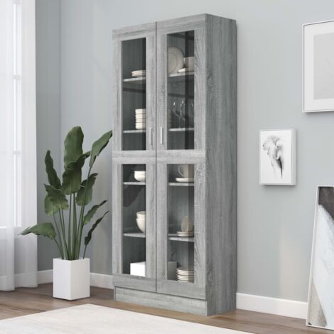 Maison Chic – Bibliothèque armoire à vitrine 82,5x30,5x185,5cm – Bois d'ingénierie sonoma gris – 5 compartiments avec 2 portes vitrées – Fixation murale incluse