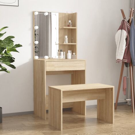 Ensemble de coiffeuse avec LED Coiffeuse + tabouret Table de maquillage Chêne sonoma Bois d'ingénierie 43111 (1/5)