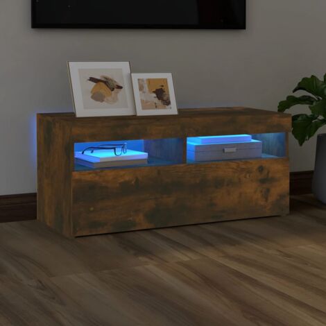 Meuble TV Banc TV Scandinave  Armoire TV avec lumières LED Chêne fumé 90x35x40 cm 59341 (1/5)