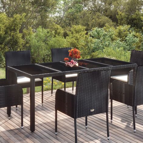 Table de jardin Table d'extérieur Table d'appoint dessus en verre Noir 190x90x75cm Résine tressée 64240 (1/5)