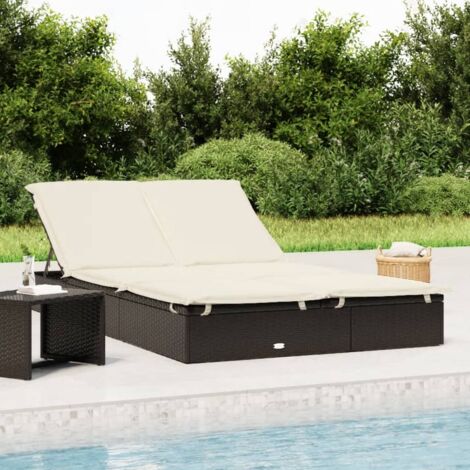 Chaise longue à 2 places Bain de soleil Transat avec coussins noir résine tressée 77347 (1/5)