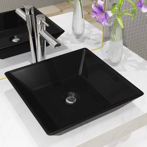 Lavabo à poser  Lavabo Vasque salle de bain  Céramique carré Noir 41,5 x 41,5 x 12 cm