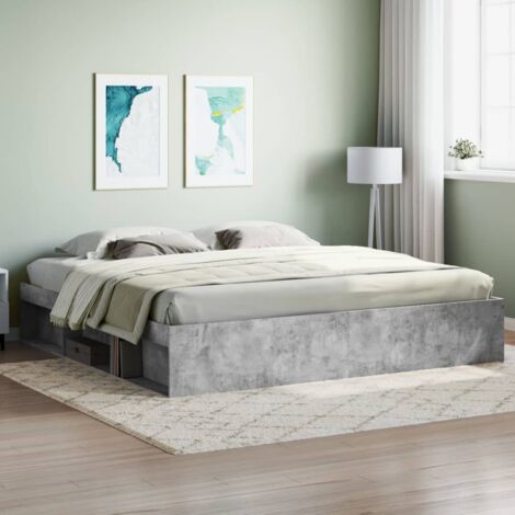 Maisonchic – Lit adulte 200 x 200 cm – Cadre en bois d'ingénierie gris béton – 6 compartiments de rangement – Assemblage requis - KSAW43665 (1/6)