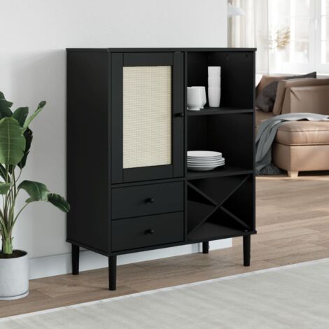 Buffet, Bahut, Armoire de rangement SENJA aspect rotin noir 90x40x112cm bois massif de pin FR850870 DESIGN IN (1/5)