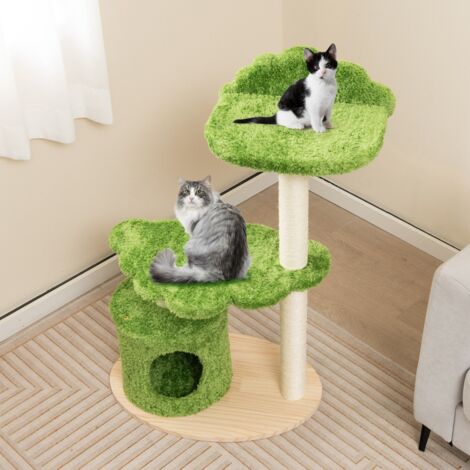 Arbre à Chat GYMAX 102cm - Tronc Bois Massif, Condo, 2 Plateformes, Sisal - Capacité 15kg Par Niveau
