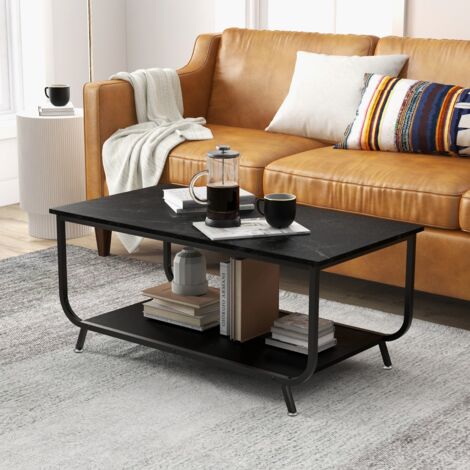 Table Basse à 2 Niveaux avec Plateau Imitation Marbre 105x55x46,5 CM Table de Salon Moderne avec Structure en Métal Noir CW9513 Maison Chic (1/5)