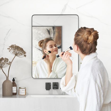 Miroir Mural 76,5x56cm pour Salle de Bain Miroir Mural de Courtoisie Rectangulaire Cadre en Métal Robuste Noir (Horizontal/Vertical) Maison Chic (1/5)