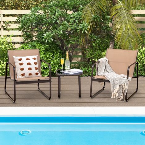 Salon de Jardin 3 PCS - en Textilène Anti-UV Table Basse en Verre Trampé Cadre en Métal Marron Maison Chic (1/5)