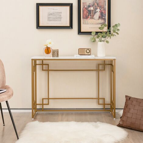 Table Console Meuble d'Entrée en Faux Marbre Cadre en Métal Doré Design Géométrique Kit Anti-Basculement 110 x 30 x 81 cm Blanc CW1094 Maison Chic