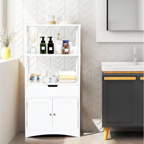 Meuble Salle De Bain Yaheetech Blanc - Armoire + Tiroir + Etagères - Neuf