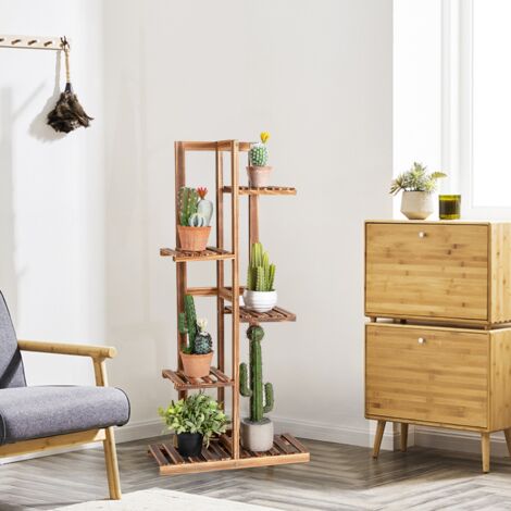 Étagère pour Fleurs en Bois de Pin 5 Niveaux Autoportante 6 Pots avec Dispositif Anti-basculement Intérieur/Extérieur Marron Maison Chic (1/5)