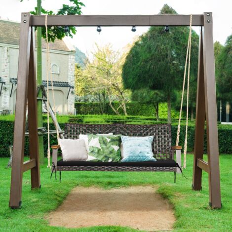 Banc Suspendu de Jardin en Rotin 2 Place Accoudoirs en Bois d'Acacia Cadre en Métal Coussin Cordes Crochets Noir CW4863 Maison Chic