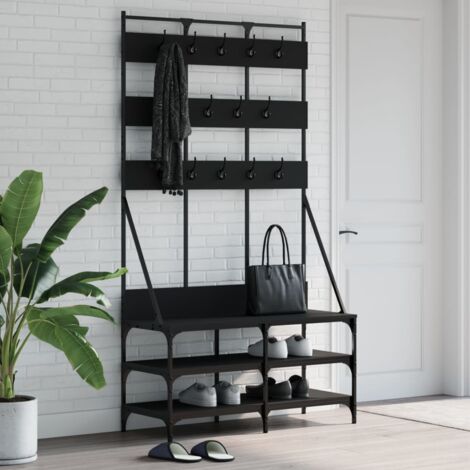 Portemanteau, Meuble D’entrée, Vestiaire, Portant, Avec Banc Et Etageres A Chaussures Crochets Cadre En Metal Hauteur 175 Cm Style Industriel Marron Rustique Et Noir