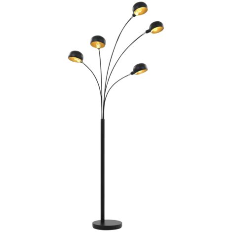 Lampadaire 5 Lumières Design - Métal Et Textile Noir & Or, Abat-jour Or/Noir, Branches Orientables - Salon, Bureau, Ambiance Rétro