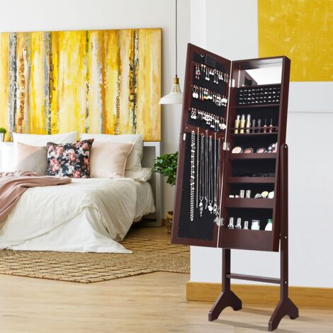 Armoire à Bijoux sur Pied avec 18 LED Angle Réglable Doublure en Velours Doux 35 x 31,5 x 145 CM Marron Maison Chic (1/5)