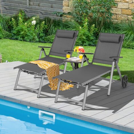Chaise Longue de Jardin Inclinable Pliable en Aluminium avec Roulettes 7 Dossier Réglable Appuie-Tête Amovible Charge 150KG Noir Maison Chic (1/5)