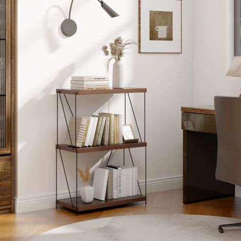Etagère à 3 Niveaux Bibliothèque Autoportante avec Cadre en Métal Étagère de Rangement de Style Industriel Finition Grain de Bois Noyer Maison Chic (1/5)