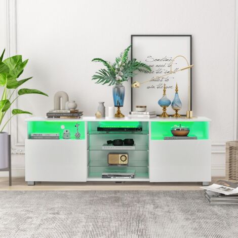 Élégant meuble TV en laqué brillant avec éclairage LED 16 couleurs, Blanc | France