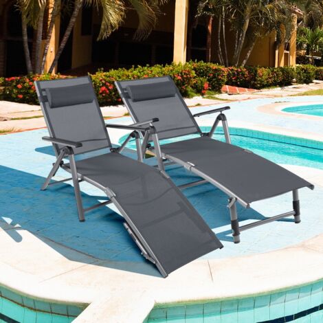 Chaise Longue d'Extérieur en Aluminium avec 8 Positions de Dossier et 2 Pieds Réglables en Tissu à Séchage Rapide Gris Maison Chic (1/5)