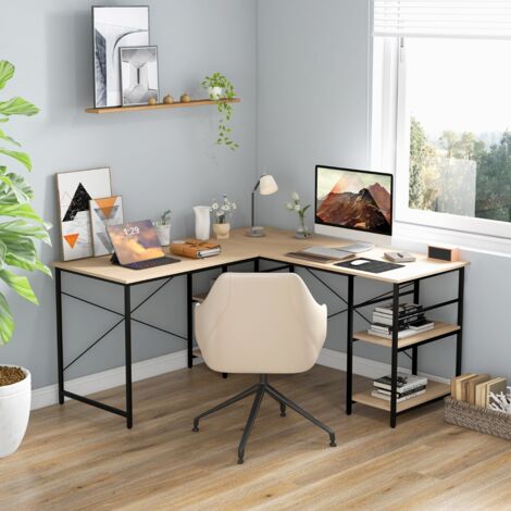 Bureau d'Angle, Bureau Informatique 151x151x75 cm Ajustable pour 2 Personnes - 4 Étagères - Naturel CW5891 Maison Chic