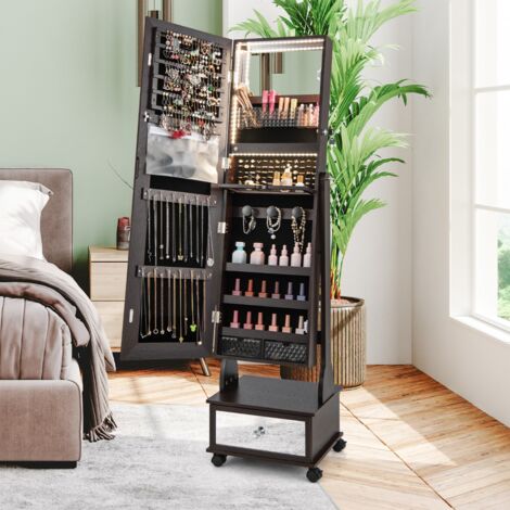 Armoire à Bijoux sur Pied, Armoire de rangement, 4 Roues Verrouillables, Miroir Pleine Longueur, LED, Tiroir avec Serrure, Brun CW9905 Maison Chic